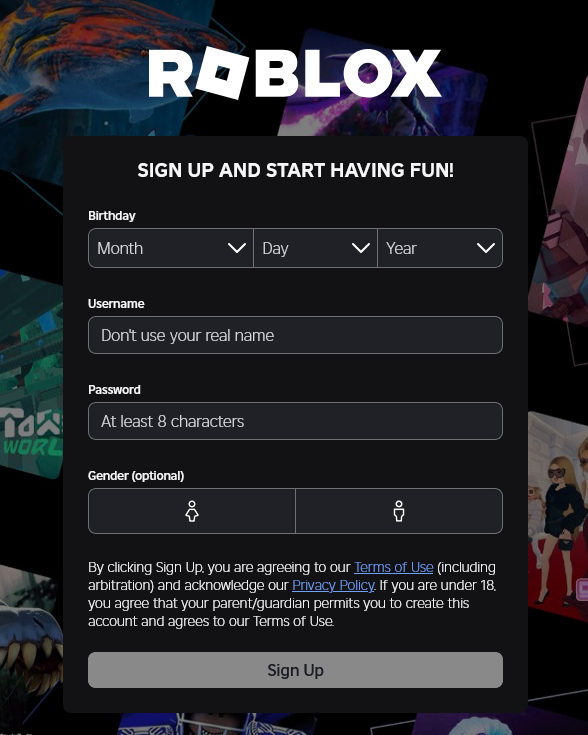 This image is a screenshot of the Roblox account creation form.