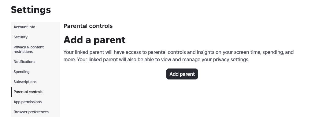 This is a screenshot from the Roblox UI to show where to access the 'Add Parent' button in the Parental Controls section