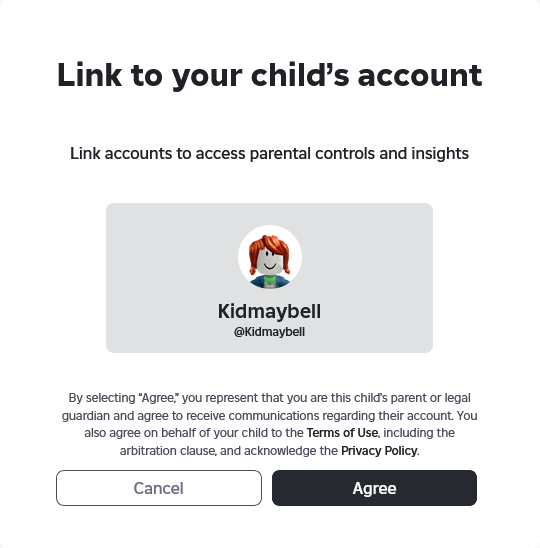 This is a screenshot of the Roblox UI to confirm you want to link your account to your childs account.